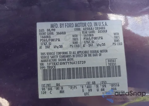 2000 Ford F-150 Lariat/Work Series/Xl/Xlt z USA, uszkodzony, nr VIN 1FTRX18W7YNA15739